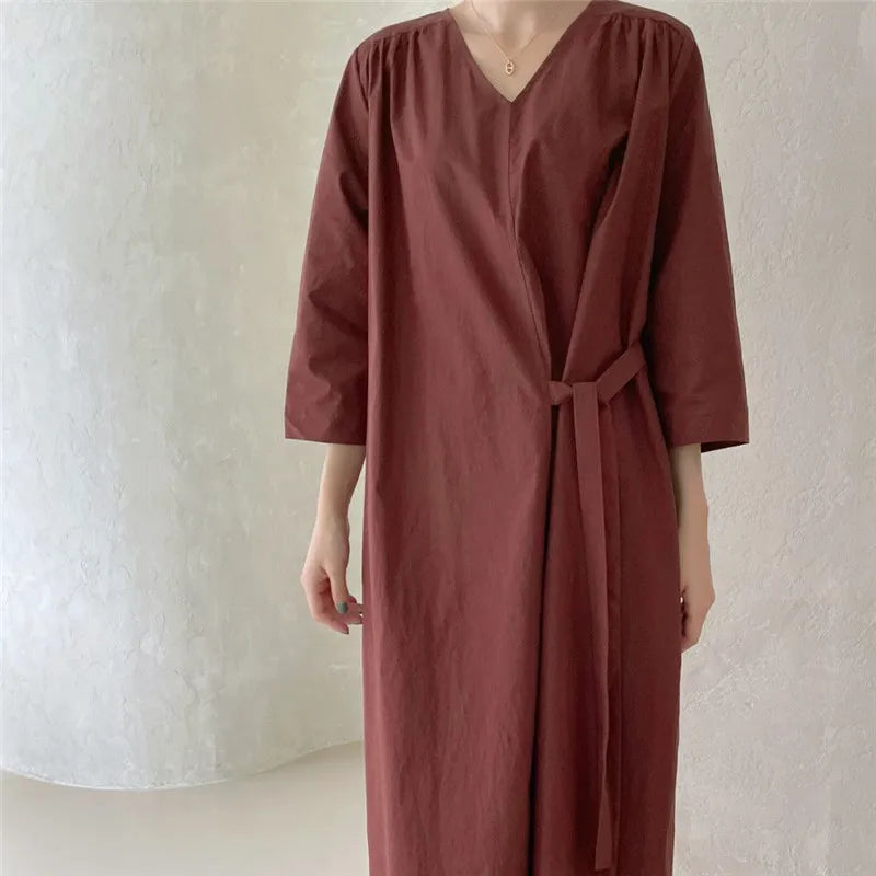 REALEFT 2024 New Summer Korean Vintage Women's Dresses Sashes Solid V-Neck Elegant Straight Loose Long Dress Female