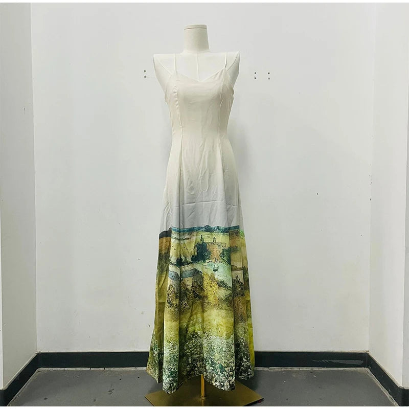 Elegant Printed Tighte Waist Women's Long Dress V-neck Slim A-line Robe 2025 Summer Beach Holiday Style Female's Long Dresses