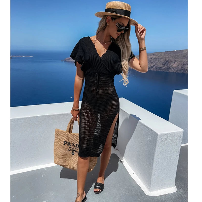 2024 White Crochet Tunic Bikini Cover-ups Sexy Hollow Out Long Dress V neck Women Summer Clothes Beach Wear Knitted Cover Up