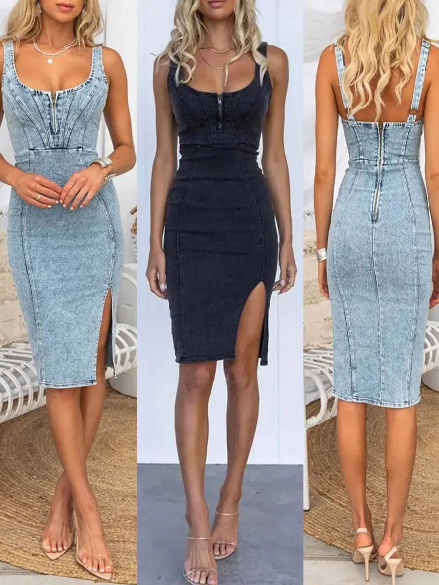 Sexy Slim Tube Top Denim Dresses Women Fashion Package Hip Bodycon Slit Denim Dress Female Trendy Streetwear Vestidos Summer New