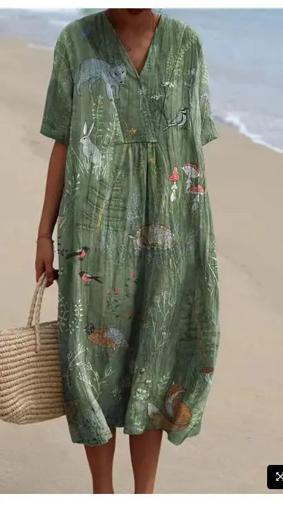Summer Women Print Dress New Fashion V Neck Short Sleeve Loose Holiday Casual Dresses Female Beach Party Vestidos Robe Femme