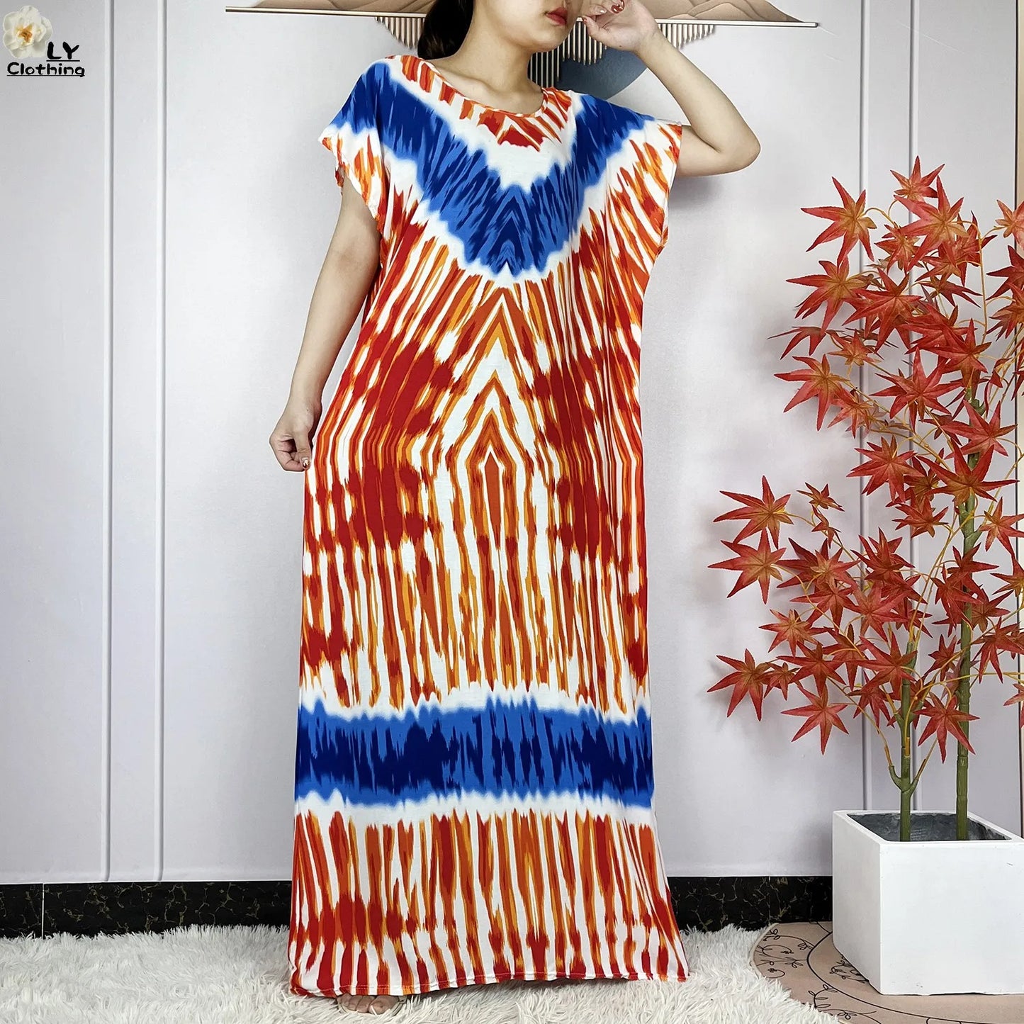 2024 New Style Short Sleeve African Dashiki Tie-dyed Cotton Abaya Caftan Lady Summer Maxi Islam Casual Dresses With Big Scarf