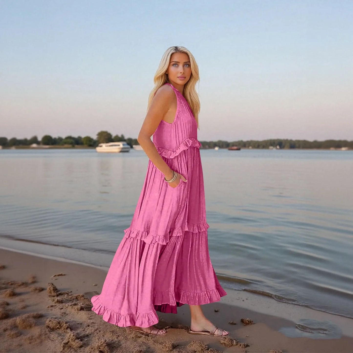 Women's Ruffled hem layered long dresses Summer Sleeveless backless dress Fashion Long Dress Big Swing Beach Dress vestidos