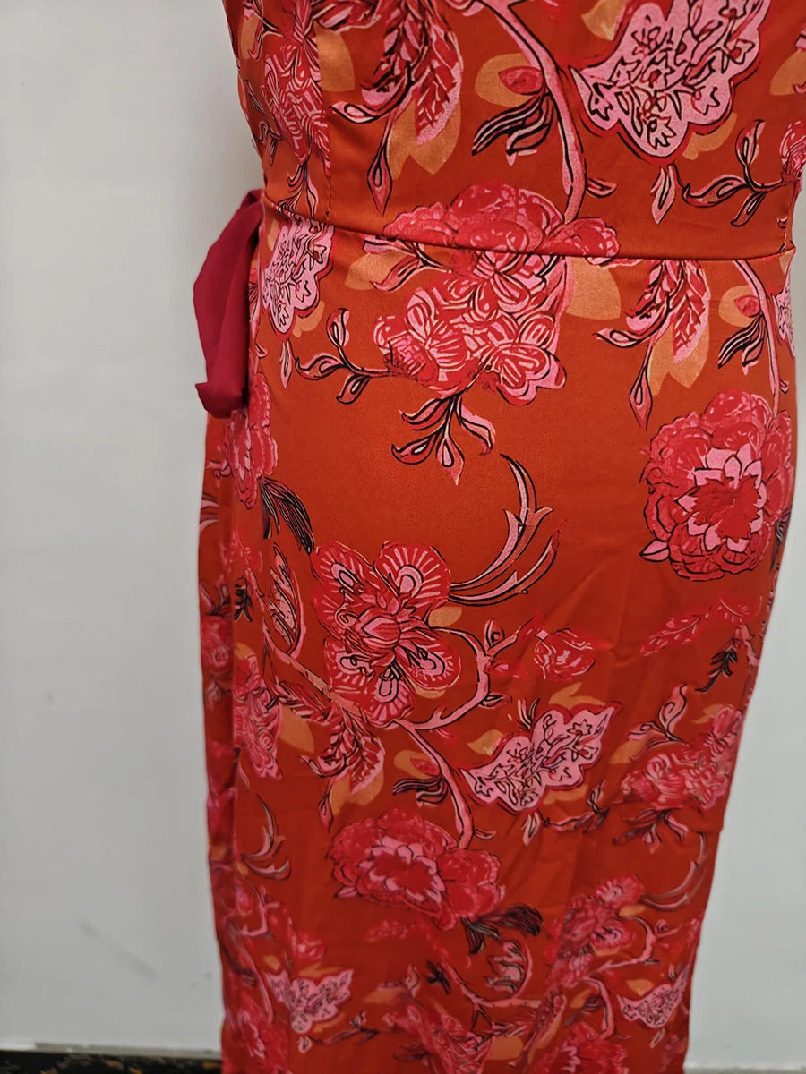 TWOTWINSTYLE Hit Color Elegant Patchwork Lace Up Long Dress For Women V Neck Lantern Sleeve High Waist Temperament Dresses New
