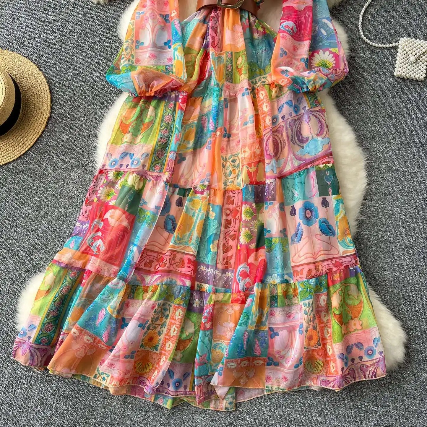 XFPV 2025 Spring New Fashion High-end V-neck Lantern Sleeves High Waist Print Swing Ruffle Edge Chiffon Long Dress Women SM11517
