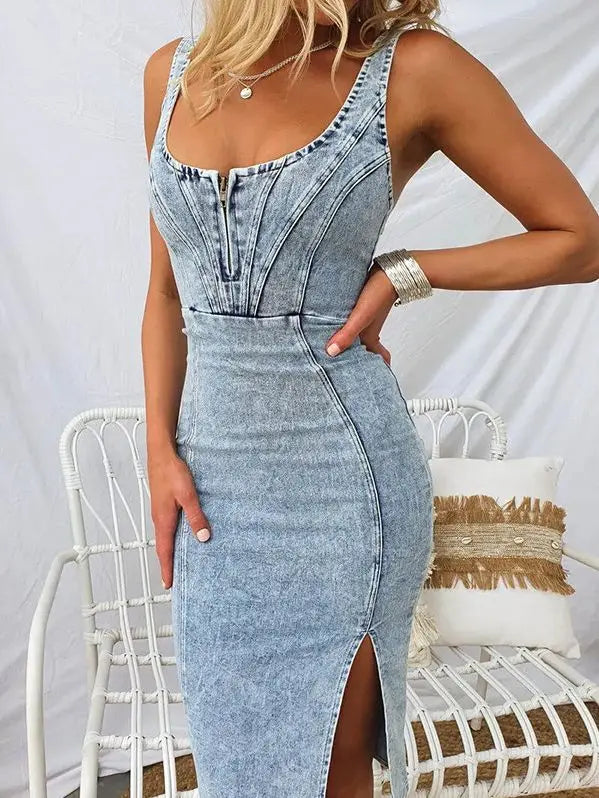 Sexy Slim Tube Top Denim Dresses Women Fashion Package Hip Bodycon Slit Denim Dress Female Trendy Streetwear Vestidos Summer New