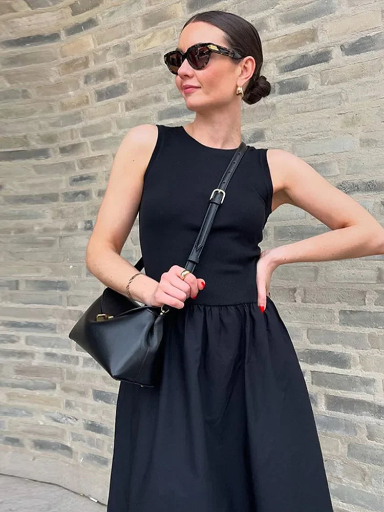 Fashion Patchwork Long Dress For Women Chic O-neck Sleeveless Party Midi Dresses Female Elegant Evening Holiday Lady Vestidos
