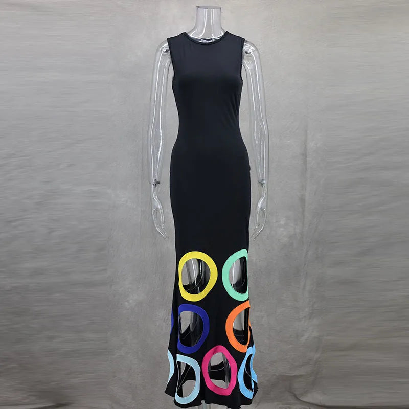 Summer Black Slim Hollow Sexy Party Vacation Long Dress Women's  Elegant Casual Sleeveless Sundress New High Waist Evening Dress