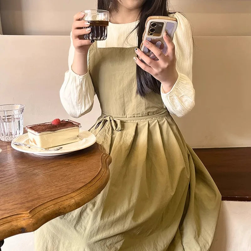 Lightweight Long Pleated Waterproof Apron with Pockets Oilproof Women Kitchen Work Apron for Beauty Nail Waiter Cooking Painting
