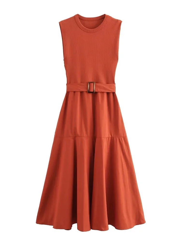 BWQ New Women Solid Patchwork Dress With Belt Elegant Office Ladies Sleeveless O-neck Dress Vintage Causal A-line Long Dress