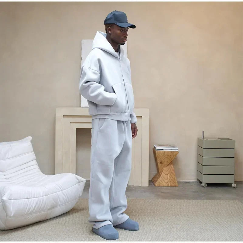 Korean Fashion Solid Color Sweatshirt Fleece Two-Piece Men's Y2K New Harajuku Casual Joker Straight Pants Couple Street Wear