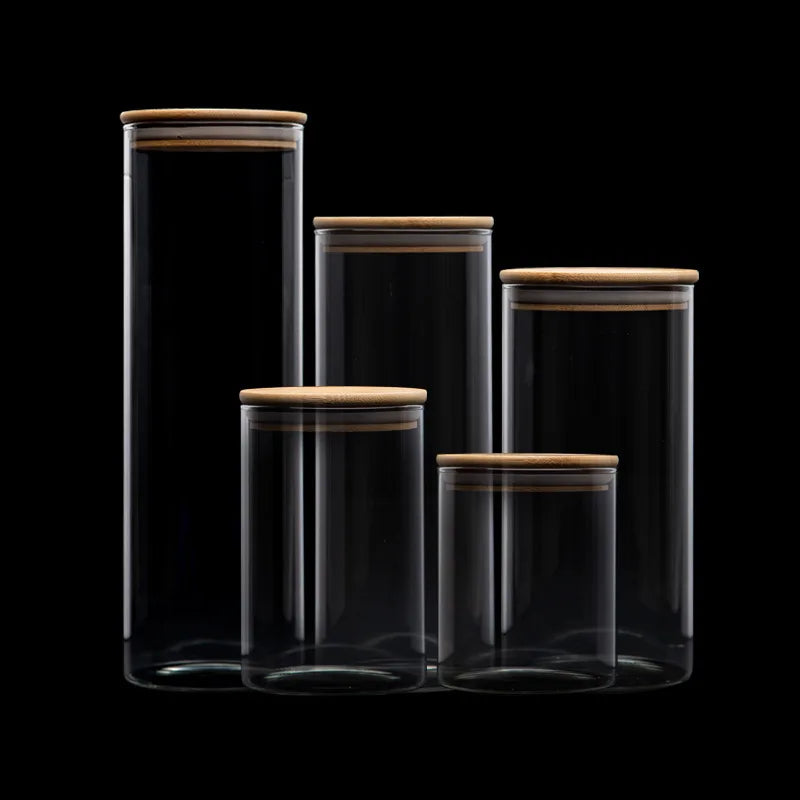 Kitchen Storage Tank Food Container Bambo Covered High Borosilicate Food Sealed Glass Tank Kitchen Miscellaneous Grain Organizer