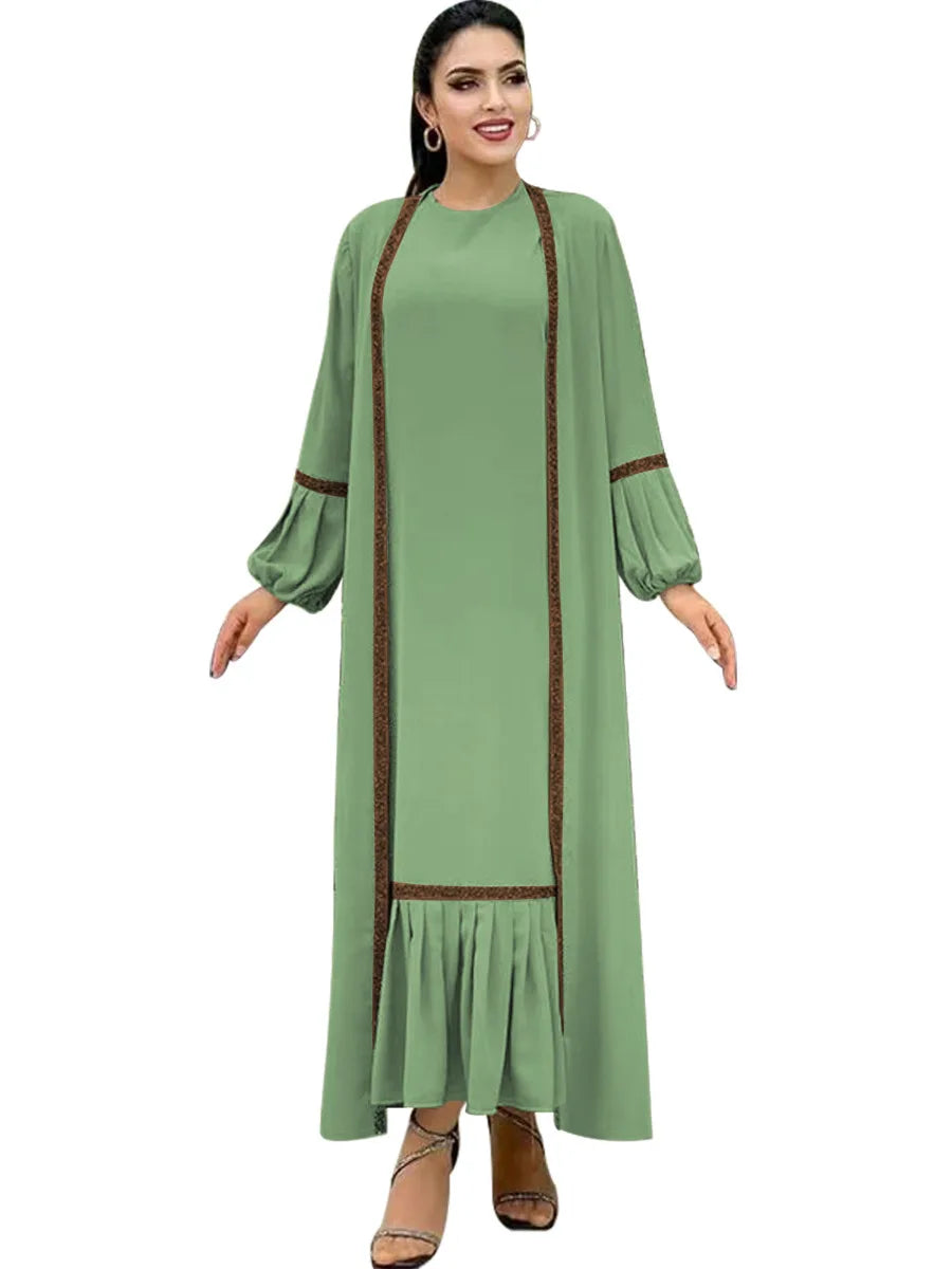 Muslim Women Hijab Dress 2 Piece Set Eid Lantern Sleeve Maxi Long Dress Islamic Clothing Caftan Kimono Big Swing Abaya Dresses
