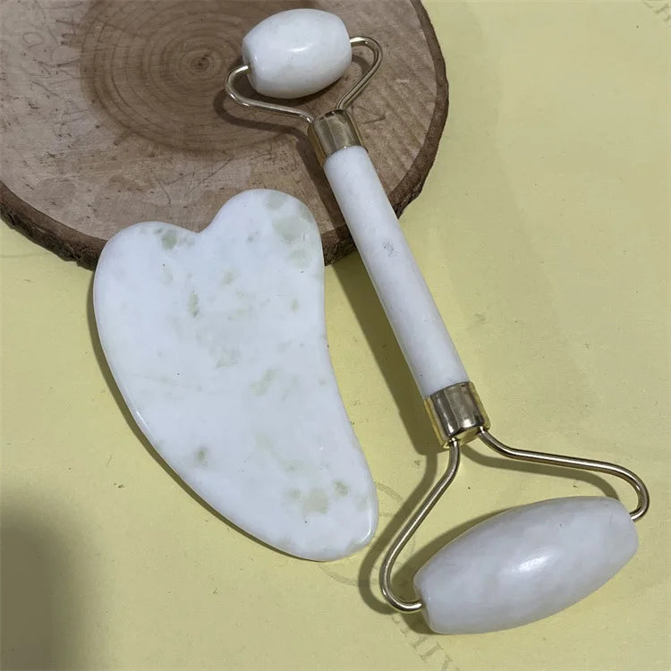 Natural Jade Double Head Roller Health Beauty Treatment Device Scraping Board Set Xiuyan Face Massager To Lift Remove Wrinkles