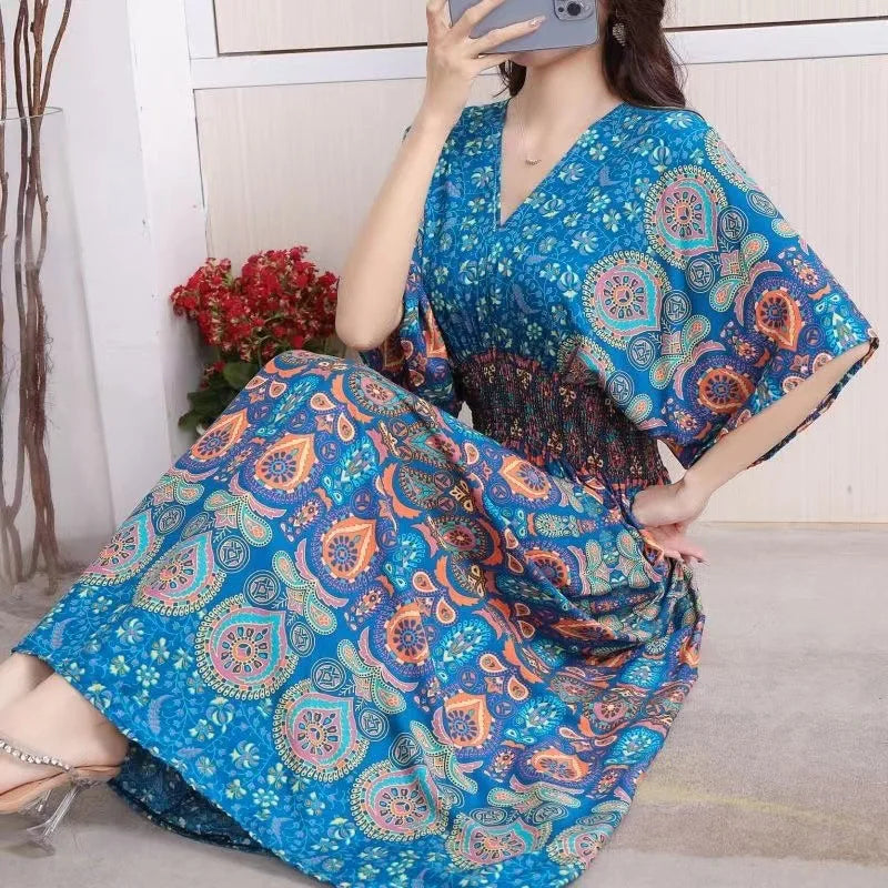 V-neck Large Skirt Hem Casual Sweet Holiday Long Dress Bat Sleeves Elastic Waist Bohemian Print Floral Elegant Dresse For Women