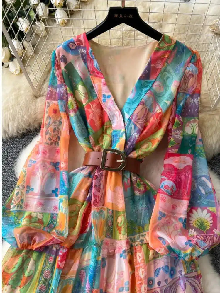 XFPV 2025 Spring New Fashion High-end V-neck Lantern Sleeves High Waist Print Swing Ruffle Edge Chiffon Long Dress Women SM11517
