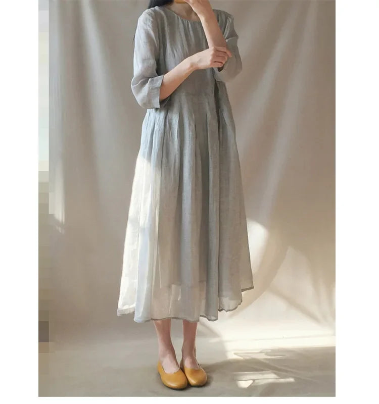 In-stock Korean Lightweight Elegant Dress Artistic Vintage Loose-fit Travel Vacation Long Dress Cotton Linen Women's Clothing