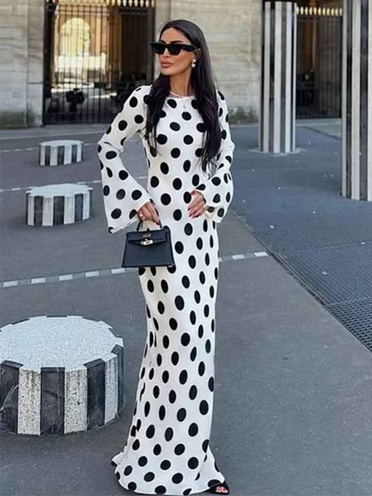 Sexy Polka Dot Women's Long Dress Square Collar Waist Cinching Belt Flare Sleeve Maxi Dressess Lady 2025 Summer Evening Vestidos