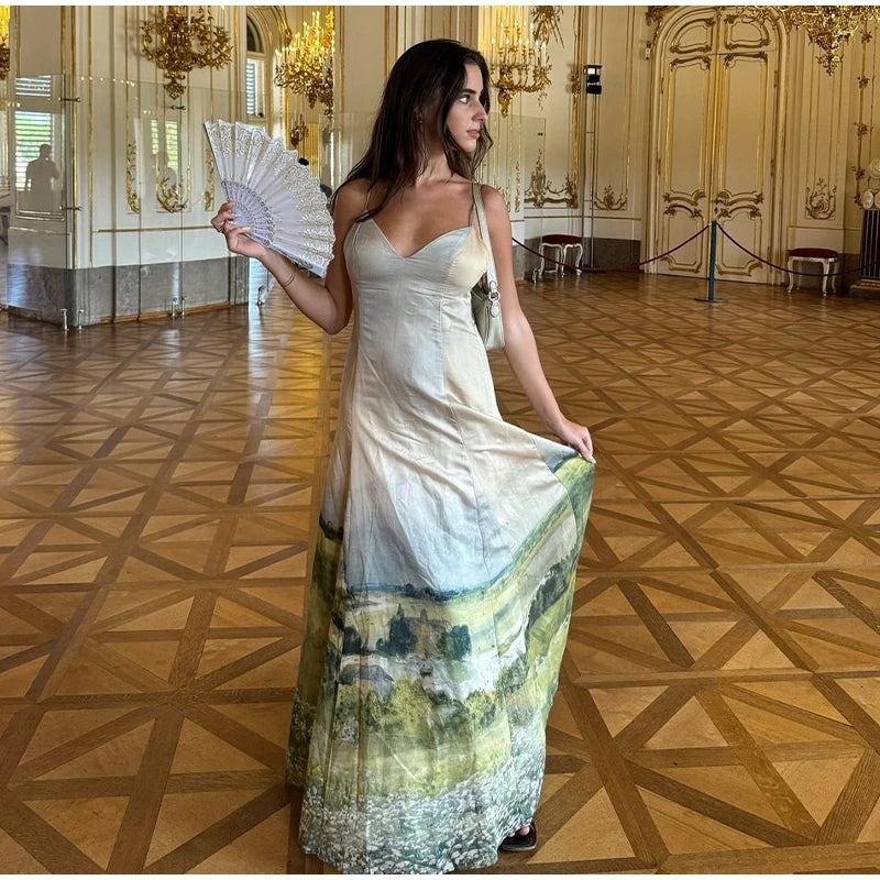Elegant Printed Tighte Waist Women's Long Dress V-neck Slim A-line Robe 2025 Summer Beach Holiday Style Female's Long Dresses