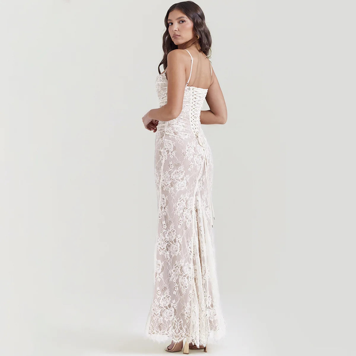 Mozision Elegant Lace Print Maxi Dress Set Women Fashion Spaghetti Strap Long Sleeve Bodycon Club Party Sexy Long Dress