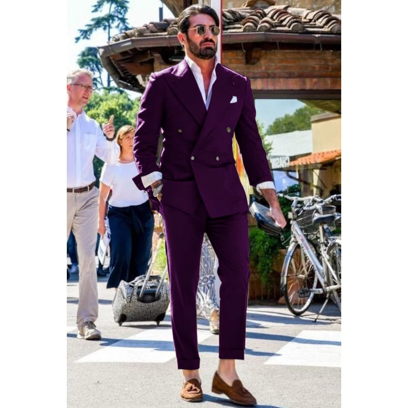 Men's Suit Two-piece Solid Color Double Breasted Fashion Spike Lapel Slim Fit Cropped Pants Casual Business Party Suits 2023