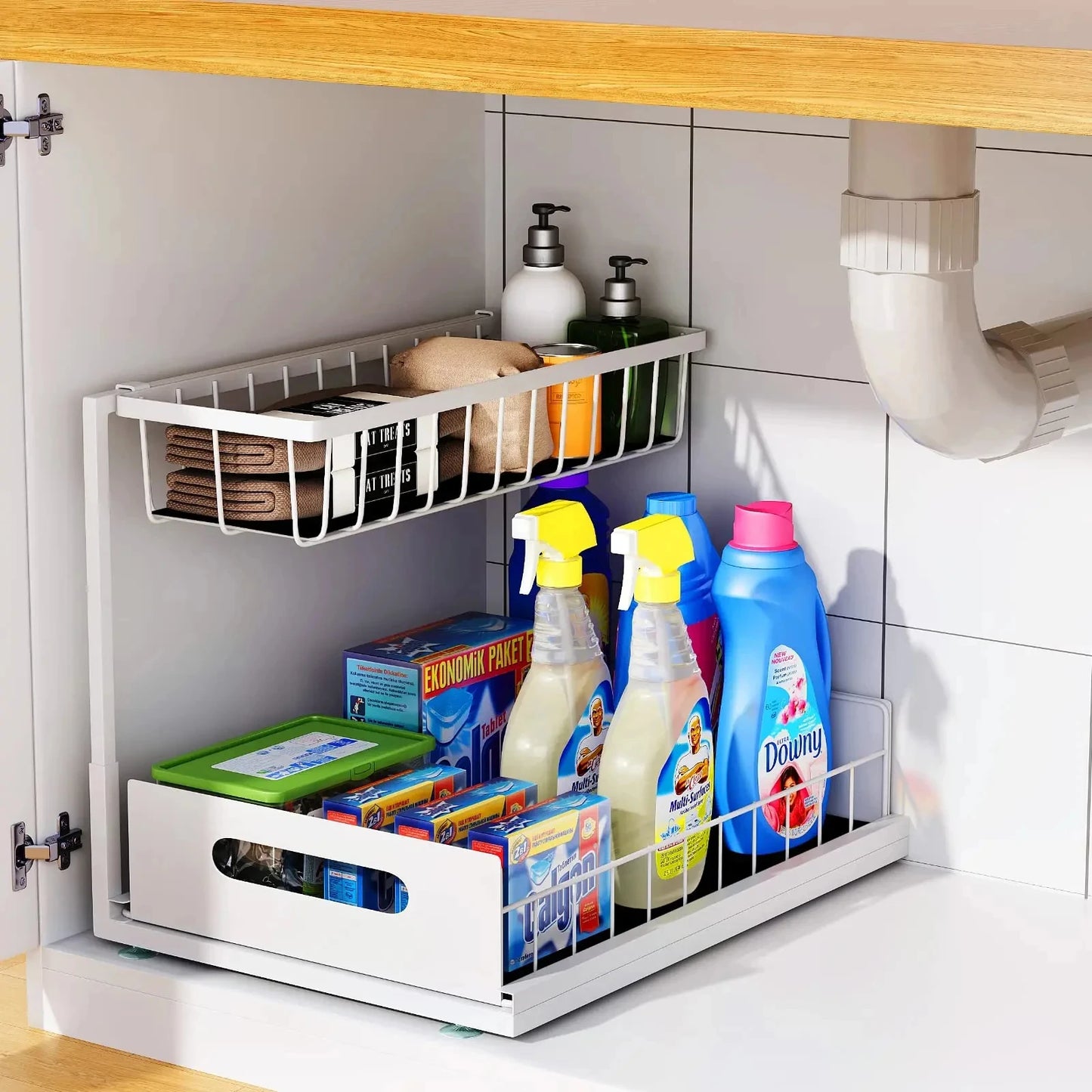 Under Sink Organizer 2 Tier Slide Out Sink Rack Multi-purpose Storage Shelves Cabinet Under Sink Storage Kitchen Organizer