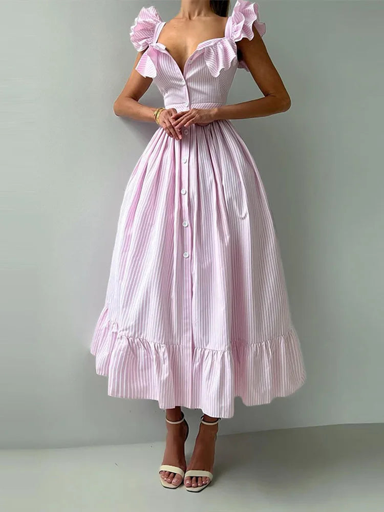 Flying Sleeve Ruffle Striped Slip Long Dress Women Elegant Square Collar Waist Cinching Pleat Party Dresses Chic Ladies Vestido