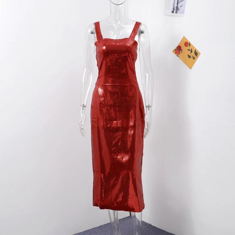Sexy Square Neck Sling Long Dress Women Slim Sleeveless Backless Hollow Out Maxi Dresses 2025 Lady Party Christmas Gowns
