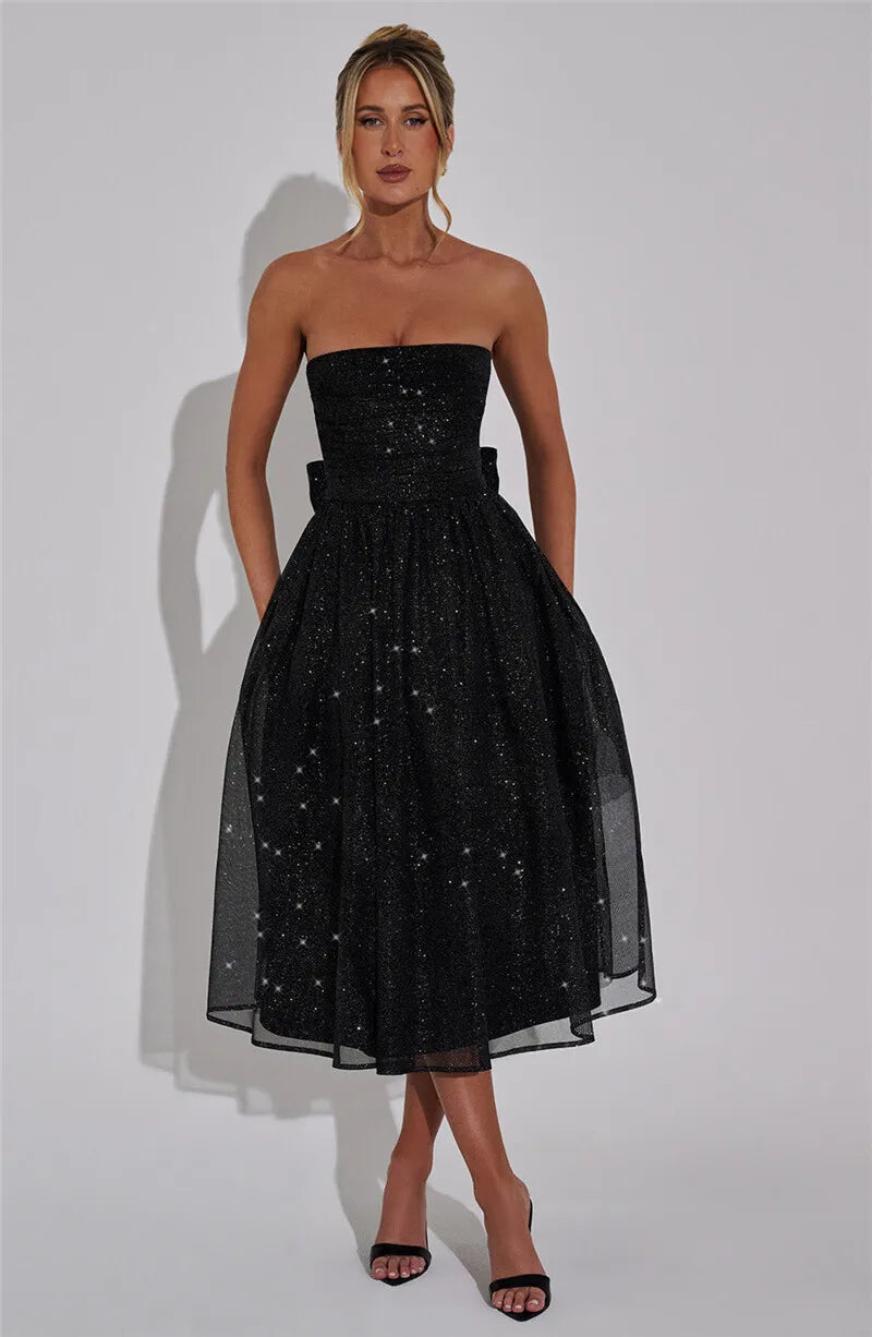 Mozision Off-shoulder Backless Bow Sexy Maxi Dress For Women Strapless Sleeveless A-line Loose Pleated Sexy Long Dress Clubwear