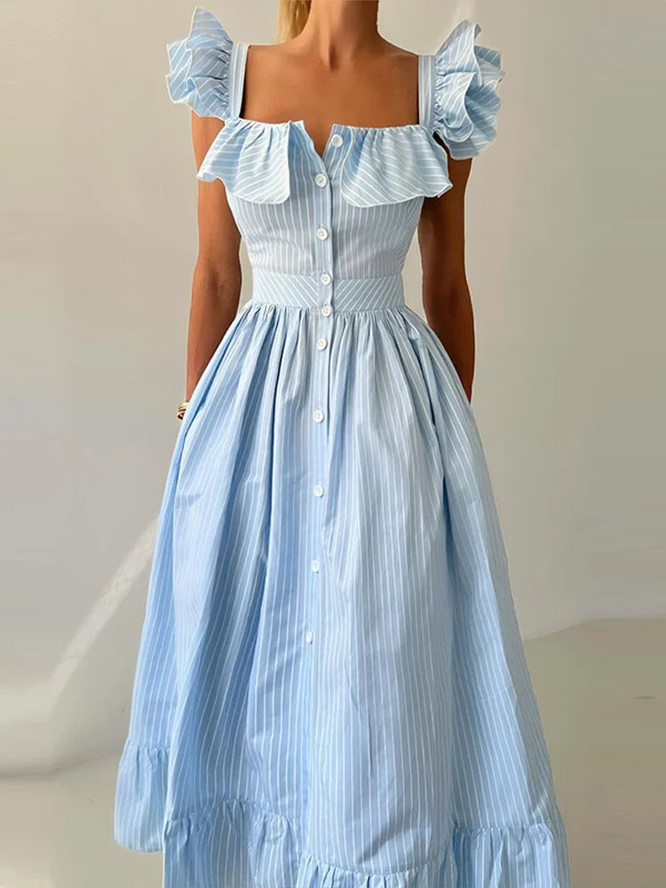 Flying Sleeve Ruffle Striped Slip Long Dress Women Elegant Square Collar Waist Cinching Pleat Party Dresses Chic Ladies Vestido