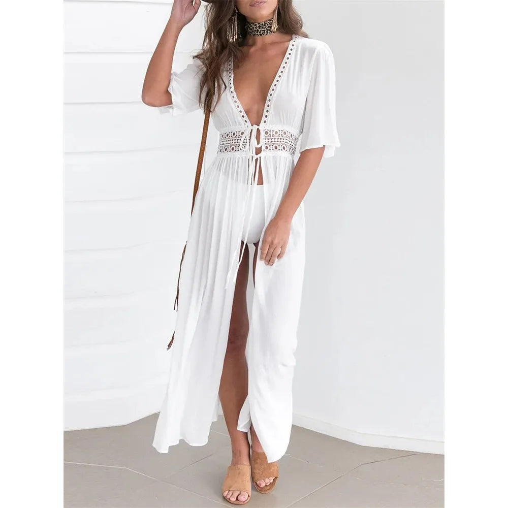2025 Summer Bikini Cover-ups Women Bohemian Beach Long Dress Short Sleeve Lace Hollow Out Cardigan Swimwear Cover Ups Beachwear