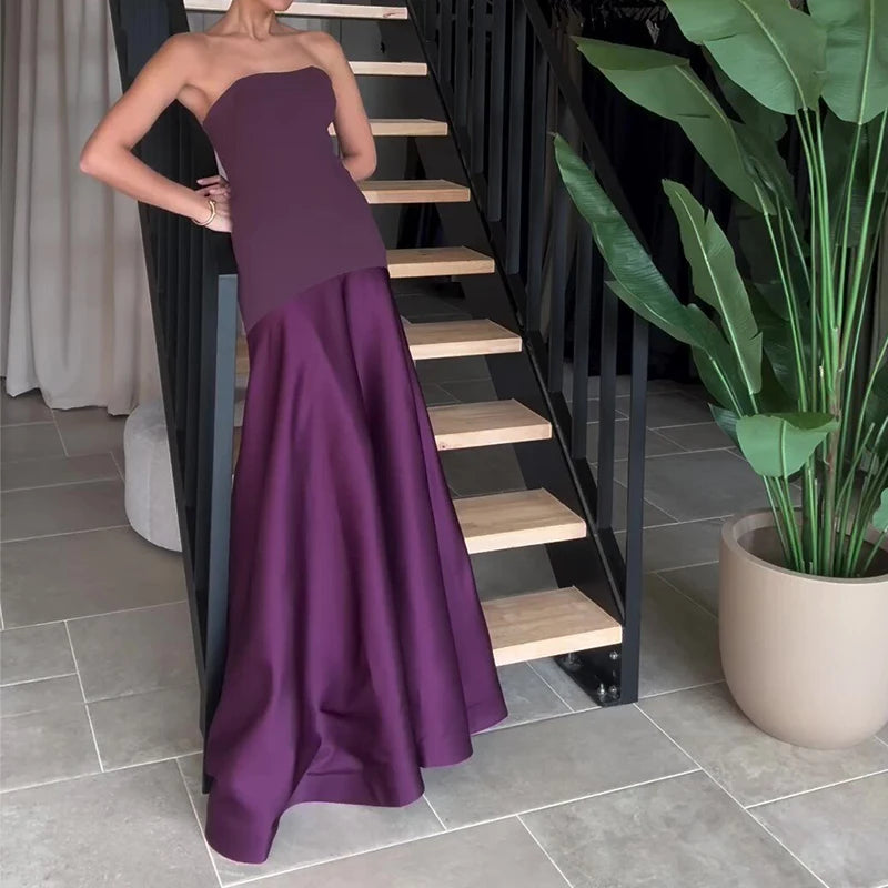 Women Sexy Off Shoulder Bustier Bodycon Dress Summer Casual Sleeveelss Solid Long Dress 2024 Elegant Patchwork Waist Party Dress