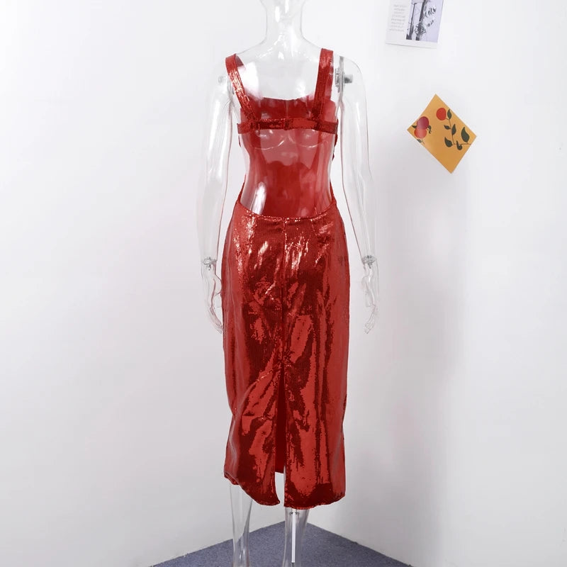 Sexy Square Neck Sling Long Dress Women Slim Sleeveless Backless Hollow Out Maxi Dresses 2025 Lady Party Christmas Gowns