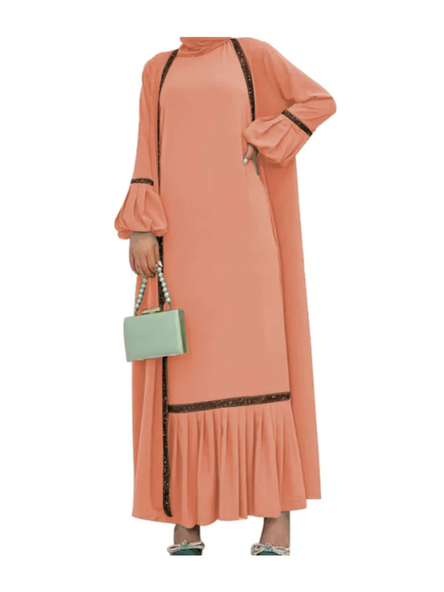 Muslim Women Hijab Dress 2 Piece Set Eid Lantern Sleeve Maxi Long Dress Islamic Clothing Caftan Kimono Big Swing Abaya Dresses