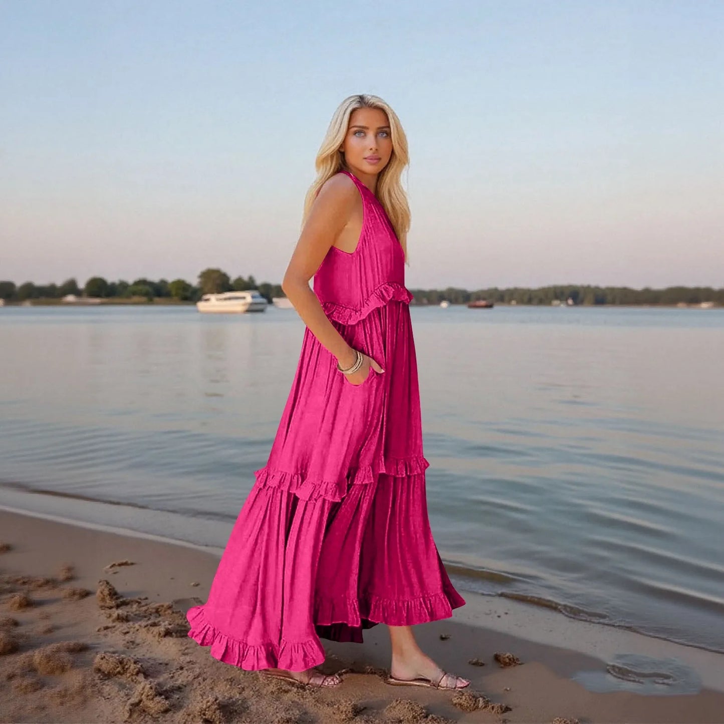 Women's Ruffled hem layered long dresses Summer Sleeveless backless dress Fashion Long Dress Big Swing Beach Dress vestidos