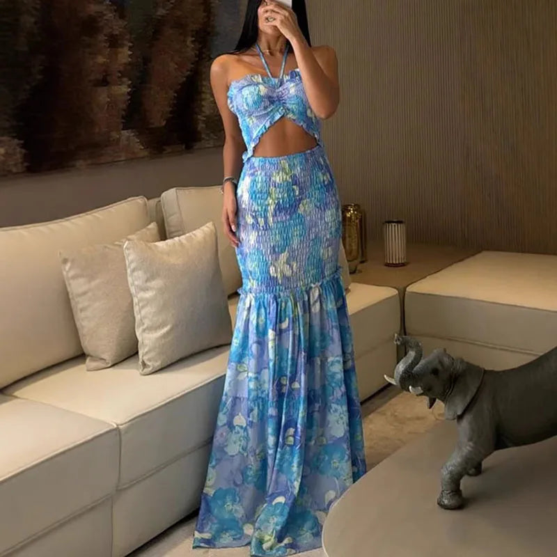 Printed Strap Pleated Long Dress Women Backless Off Shoulder Patchwork Ruffle Summer 2025 Dresses Party Vacation Chic Sexy Robe