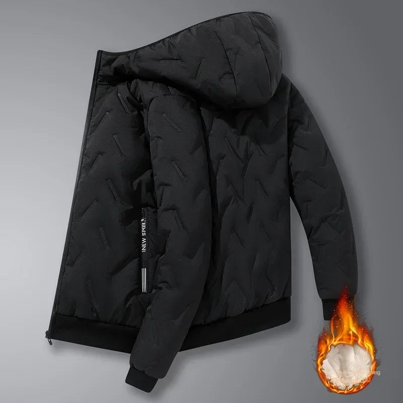 2024 new men's imitation wool cotton jacket thick and warm plus size loose and casual versatile solid color simple hooded top