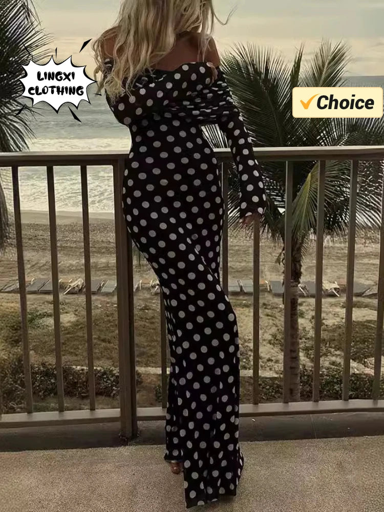 2024 Summer Fashion Vacation Style Fashion Party Women's Long Elegant One Shoulder Wave Dot Slim Fit Sexy Long Dress