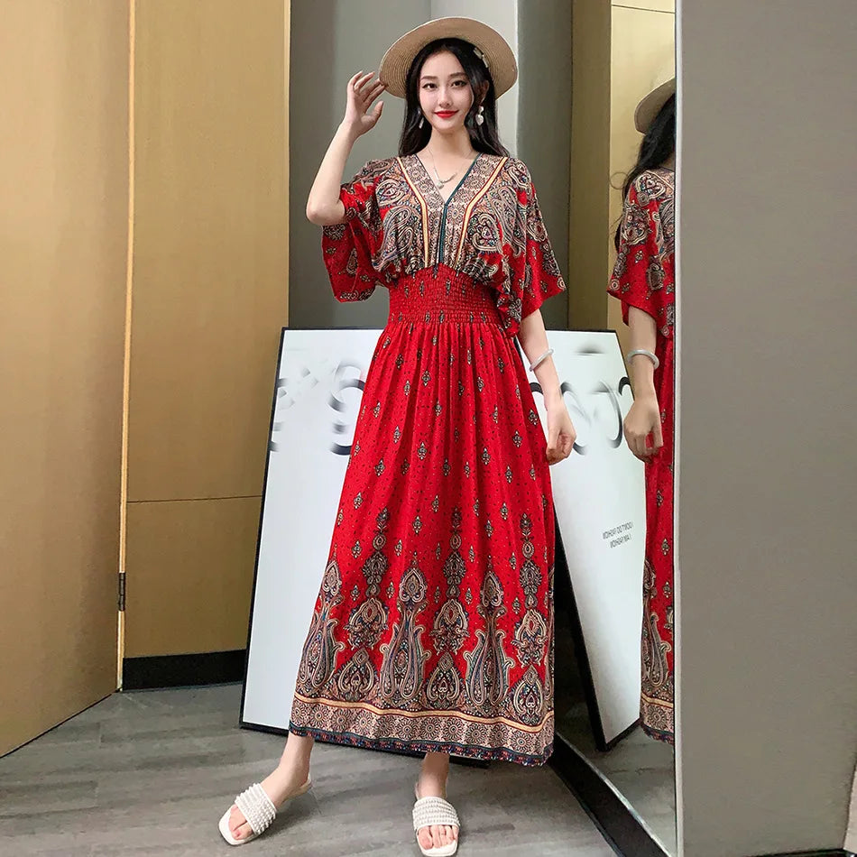 V-neck Large Skirt Hem Casual Sweet Holiday Long Dress Bat Sleeves Elastic Waist Bohemian Print Floral Elegant Dresse For Women