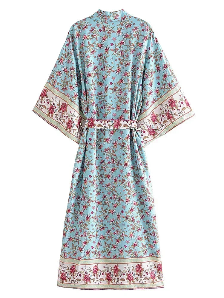 Vintage Chic Women Blue Floral Print Summer Bohemian Kimono Dress Ladies Batwing Sleeves Boho Maxi Bikini Cover-ups Beach Wear
