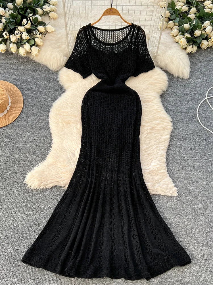 SINGREINY Vacation Style Casual Dress Suits Solid Strap Short Sundress+Knitting Hollow Out Long Dress Korean Women Beach Sets