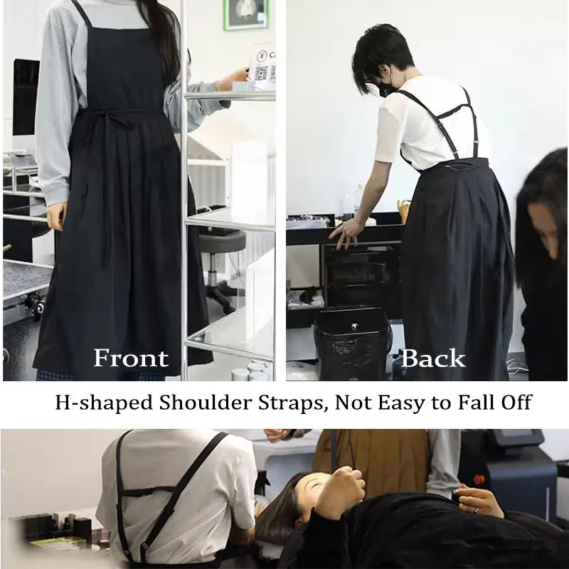 Lightweight Long Pleated Waterproof Apron with Pockets Oilproof Women Kitchen Work Apron for Beauty Nail Waiter Cooking Painting