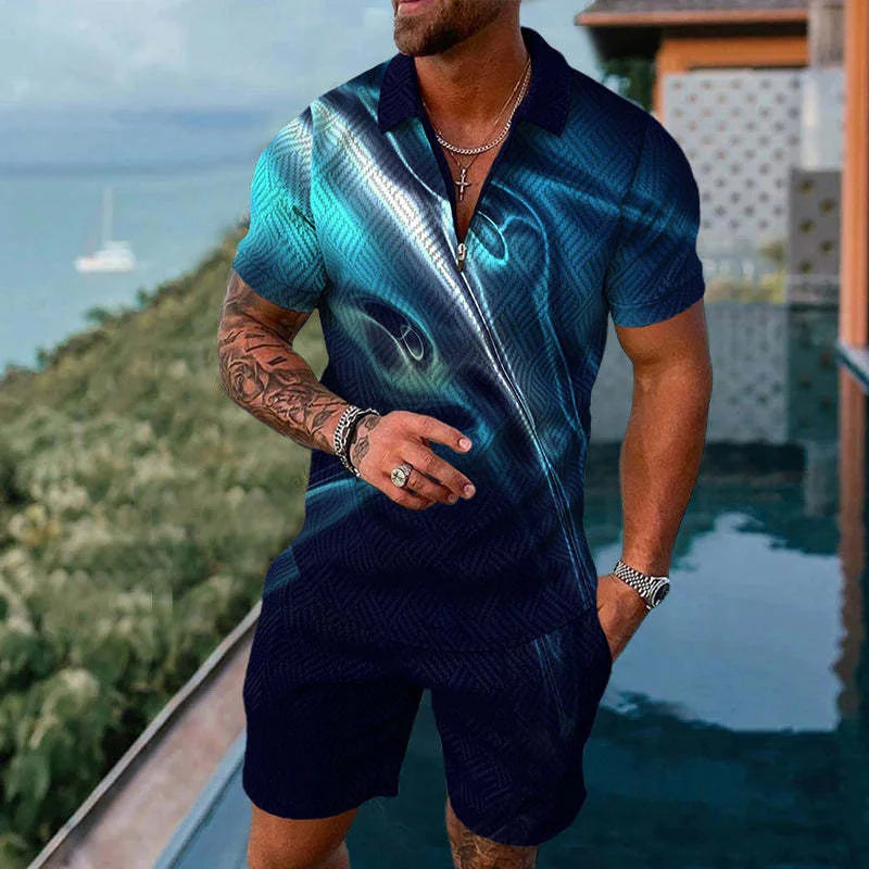Solid Color Gradient Print Men's Sweatsuit Set Summer Casual Zipper Polo Shirt And Shorts 2pcs Sets Trend Man Pullover Clothing