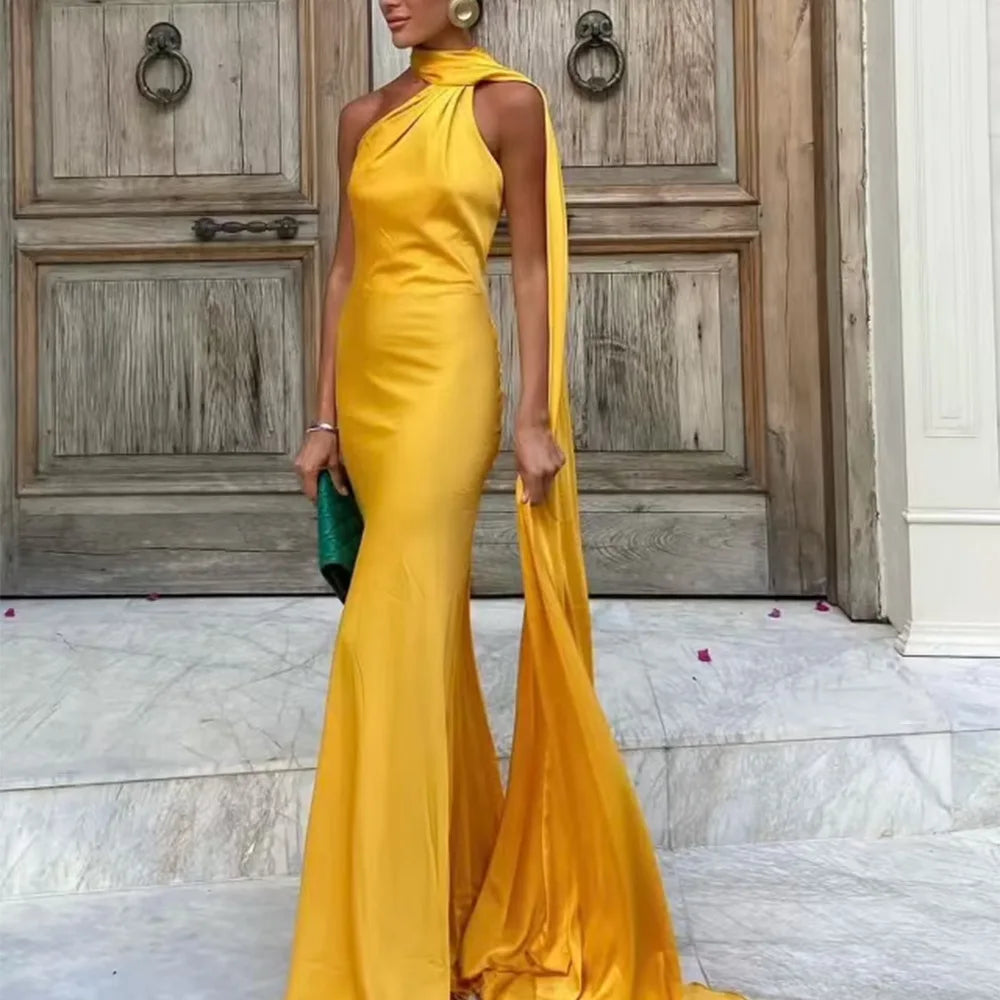 VEITCHE Elegant Women's Soft Silk Satin Long Dress Halter Backless Sleeveless Ribbon Maxi Dresses 2025 Summer Lady Party Gowns