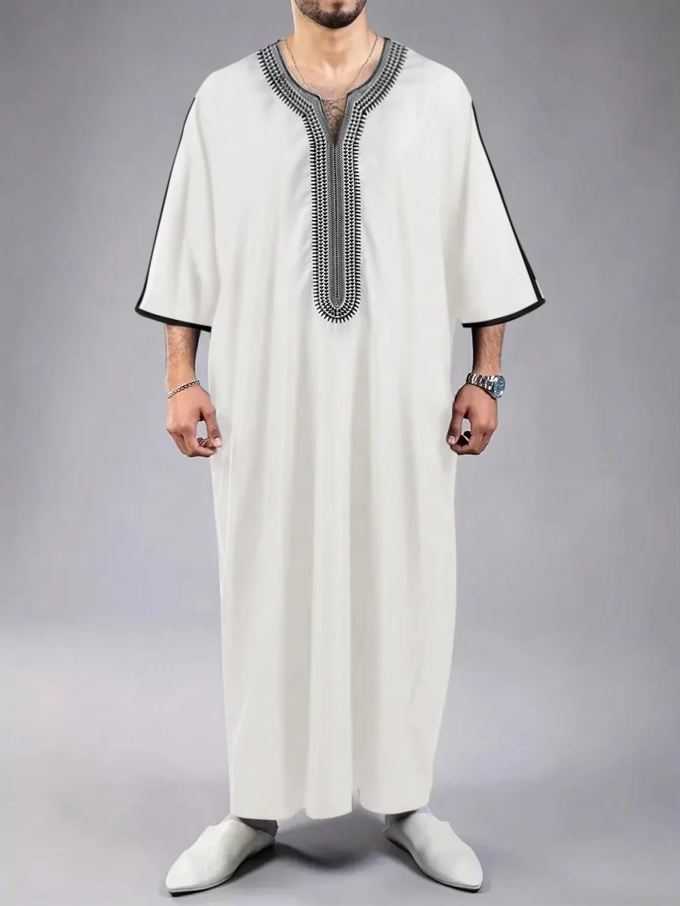 Muslim ethnic style men's long robe, Eid al Fitr formal attire, round neck embroidered men's robe, various colors men's robe