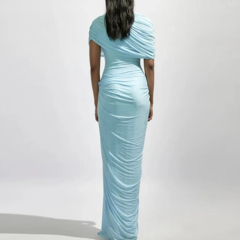 Elegant O Neck Pleated Slim Evening Dress Fashion Summer Short Sleeved High Waist Long Dress Casual 2025 Street Solid Robe Dress