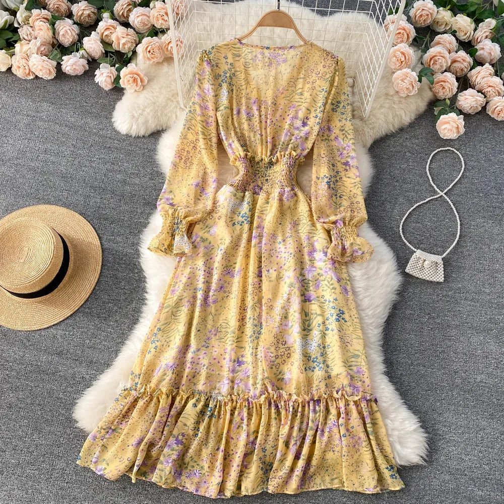 YuooMuoo 2025 Spring Summer Long Sleeve Chiffon Dresses Fashion Female Elastic Waist Pleated Long Dress Women Print Floral Dress