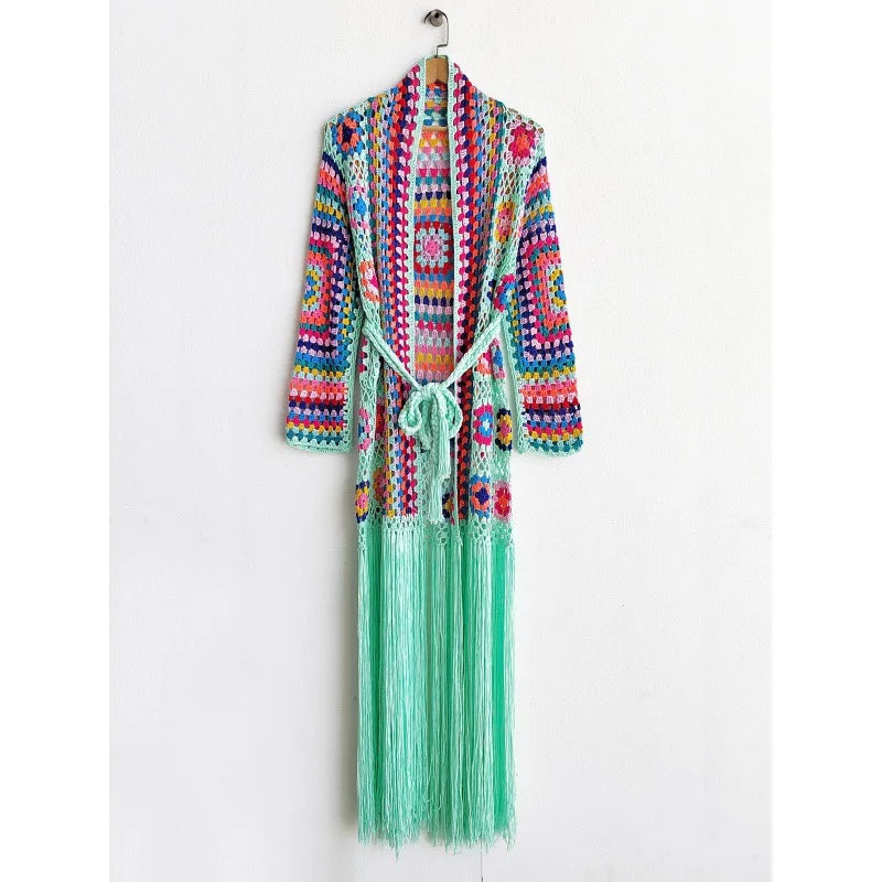Crochet Knitted Women Cardigan Cover Ups Tassel Plaid Long Coat Bohemian 2023 Summer Beach Bikini Covers Sexy Hook Vestidos