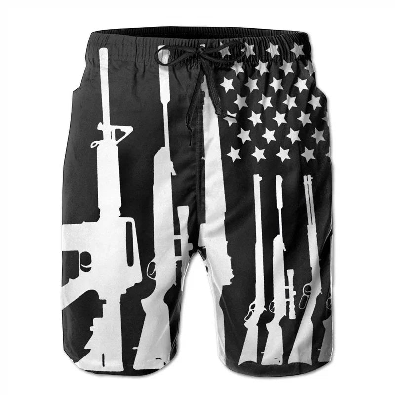 American Flag Gun Weapons Hawaii 3D Printing Hip Hop Board Shorts Summer Swimsuit Surf Swim Trunks Big Size Swimwear Men Beach
