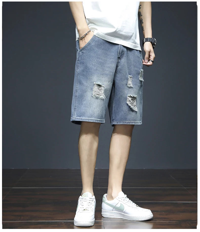 Summer Men's Blue Denim Shorts Y2k Cotton Loose Straight Ripped Fashion Shorts Men Korean Trendy Casual Streetwear Short Jeans